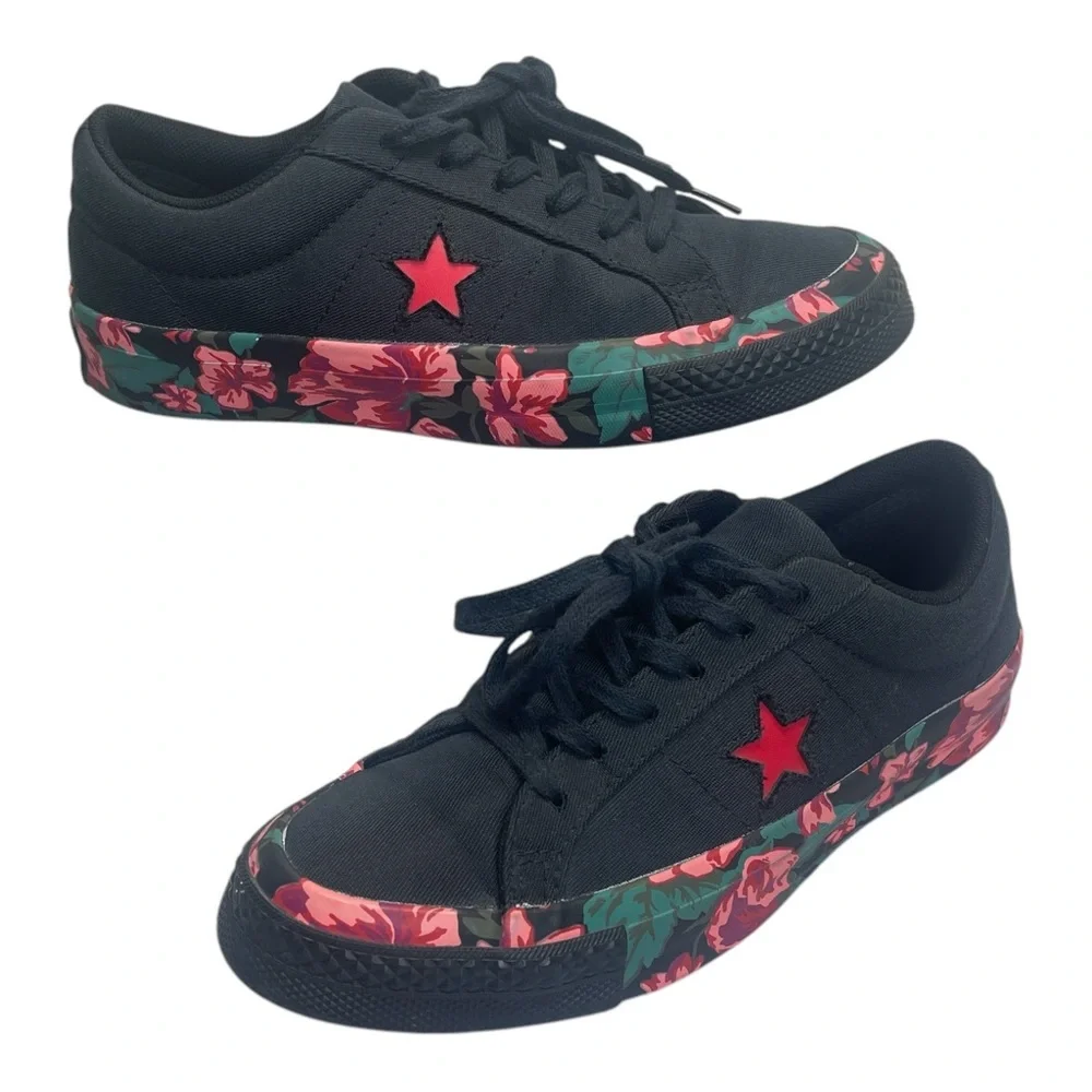 Converse One Star Ox Black Red Floral Low Top Lace Up Sneakers Kids Girls Size 4